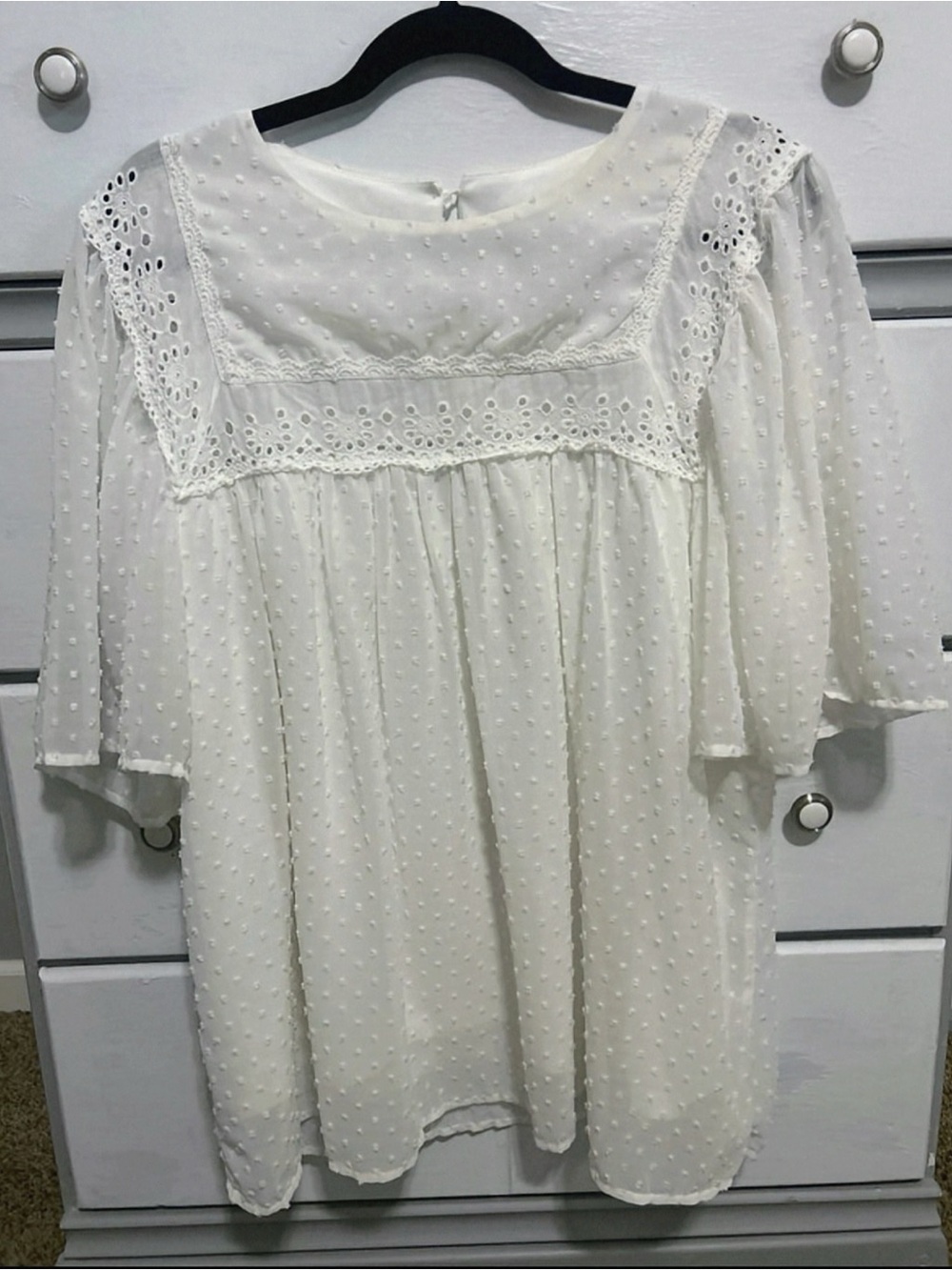 White Swiss Dot Lace Yoke Women’s Peasant Boho Blouse